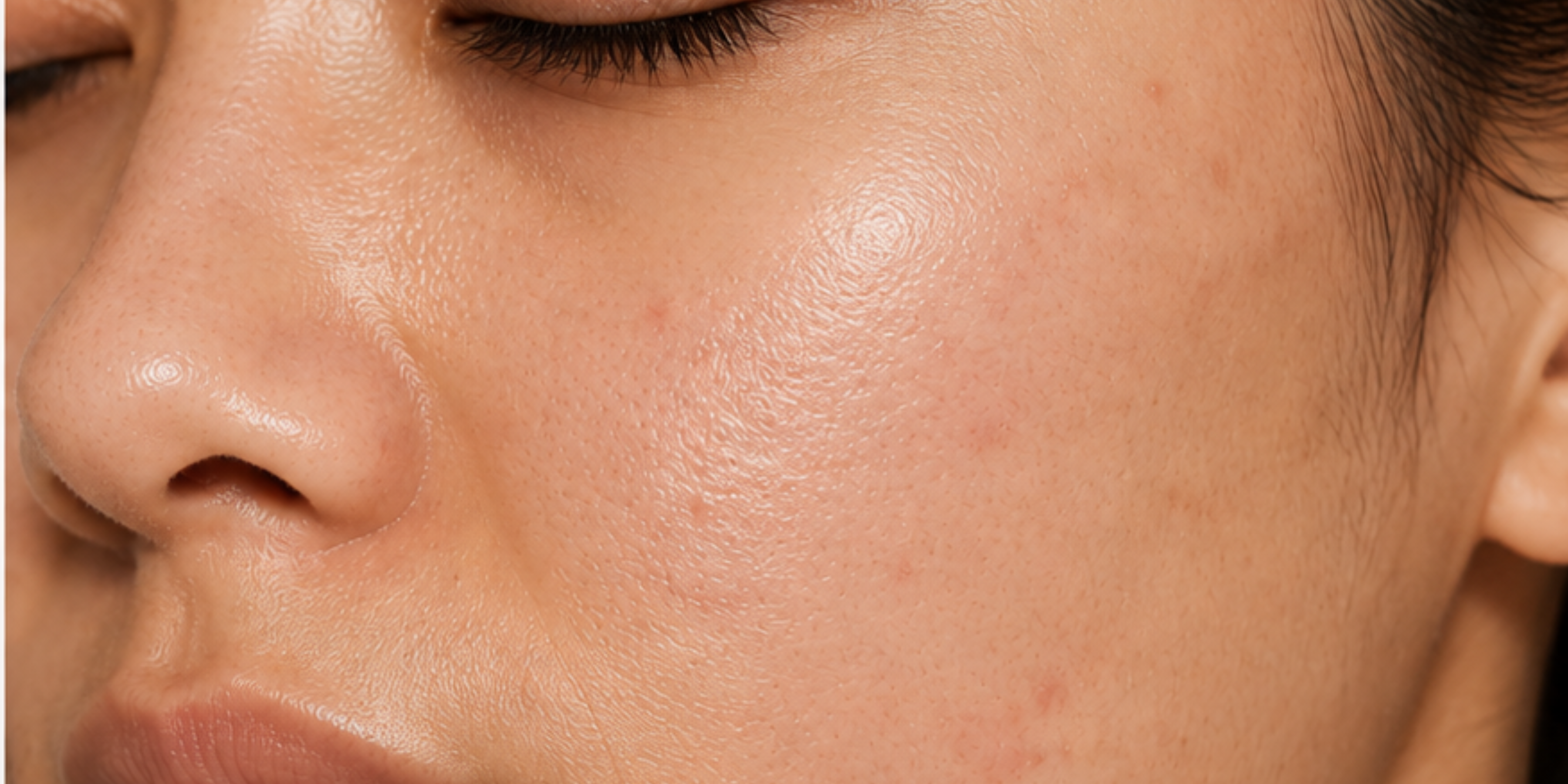 Close-up of a person's face with visible skin texture and pores.